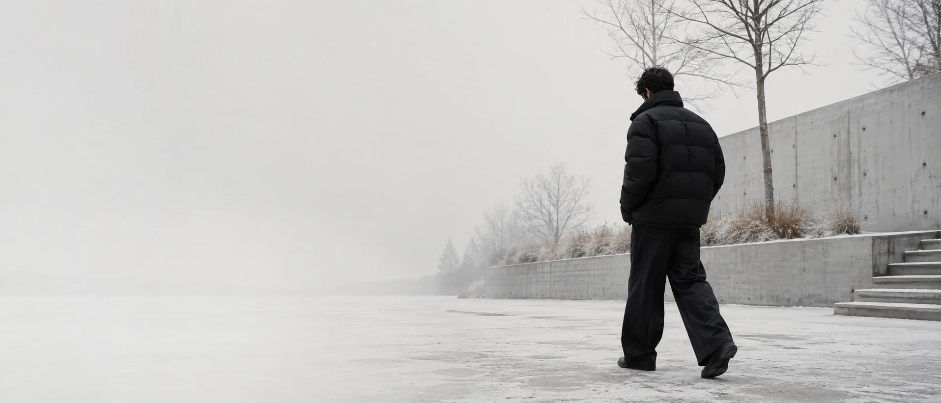K.A. Elegance Winterkollektion – Person in schwarzer Steppjacke auf vernebeltem Weg